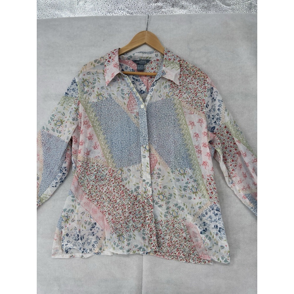 Vintage Koret City Blues Womens XL Floral Patchwork Button Up Shirt Cottagecore